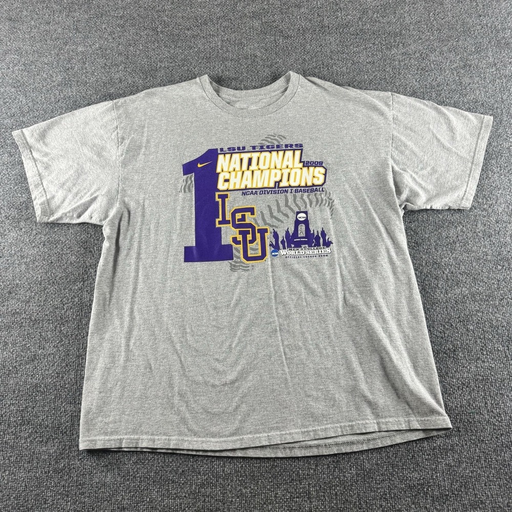 LSU Tigers Shirt Mens XL Gray NCAA Baseball Nike 2009 Champions World Series Tee